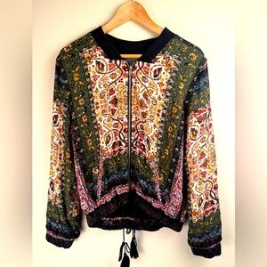 Sans Souci Full Zip Bomber Jacket Women's Medium Mixed Print Tassels Boho Size M